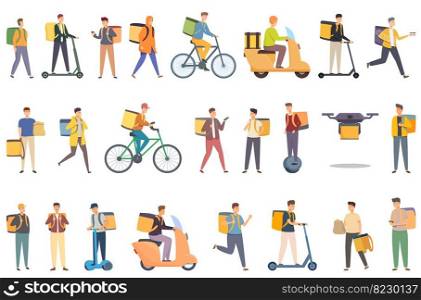 Parcel backpack icons set cartoon vector. Delivery food. Bike courier. Parcel backpack icons set cartoon vector. Delivery food
