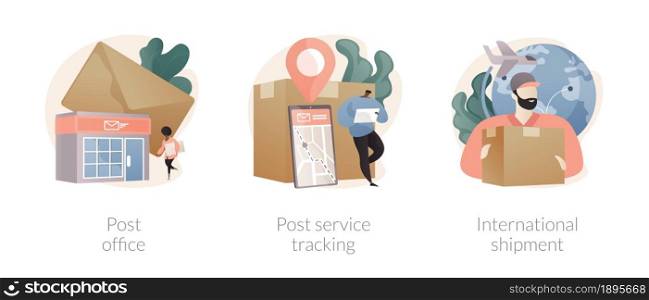 Parcel delivery abstract concept vector illustration set. Post office, post service tracking, international priority shipment, package tracking number, online shopping, mail box abstract metaphor.. Parcel delivery abstract concept vector illustrations.