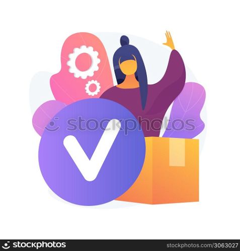 Parcel delivery and unpacking, receiving order, box contents inspecting. Female consignee cartoon character. Targeted shipping service. Vector isolated concept metaphor illustration.. Parcel delivery and unpacking vector concept metaphor.