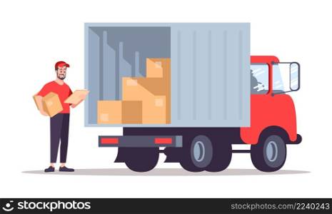 Parcel delivery company semi flat RGB color vector illustration. Male carrier standing near delivery van isolated cartoon character on white background. Parcel delivery company semi flat RGB color vector illustration