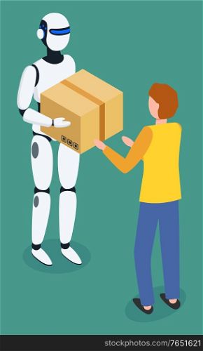 Parcel delivery innovative technology with robot character holding cardboard box. Machine giving parcel to person. Company modern transportation tech with automatic wireless device and pack vector. Robot Machine Giving Cardboard Box to Man Vector