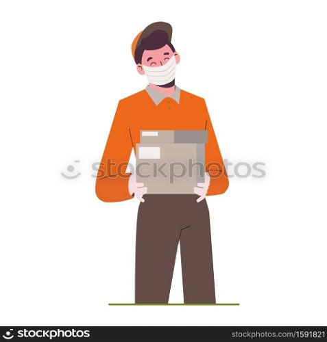 Parcel delivery to your home. Mail worker in mask and gloves. Safe service. Flat illustration isolated on a white background.