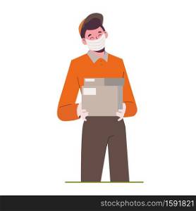Parcel delivery to your home. Mail worker in mask and gloves. Safe service. Flat illustration isolated on a white background.