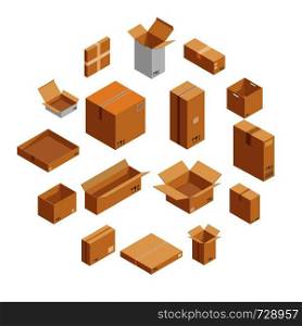 Parcel packaging box icons set. Isometric illustration of 16 parcel packaging box vector icons for web. Parcel packaging box icons set, isometric style