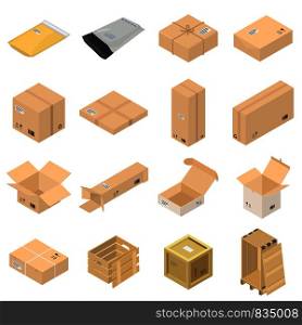 Parcel packaging delivery box poste icons set. Isometric illustration of 16 parcel packaging delivery box poste vector icons for web. Parcel packaging box icons set, isometric style