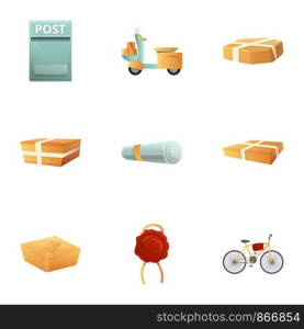 Parcel post delivery icon set. Cartoon set of 9 parcel post delivery vector icons for web design isolated on white background. Parcel post delivery icon set, cartoon style