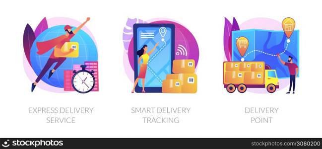 Parcel shipment services metaphors. Express delivering, online smart tracking, courier. Order delivery point. Cargo truck location. Courier with box abstract concept vector illustration set.. Parcel shipment services abstract concept vector illustrations.