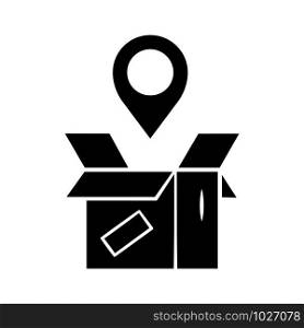 Parcel tracking glyph icon. Package location monitoring. Order status postal tracking. Delivery service. Cardboard box with map pin. Silhouette symbol. Negative space. Vector isolated illustration
