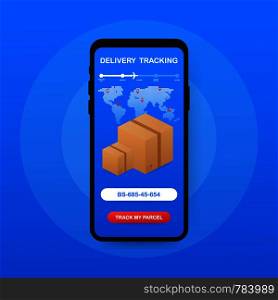Parcel tracking. Hand holding smartphone with cardboard package, magnifying glass and tracking button on mobile phone screen. Vector stock illustration.