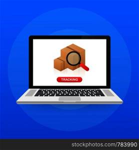 Parcel tracking website on laptop screen. Online package tracking. Modern concept. Vector stock illustration.