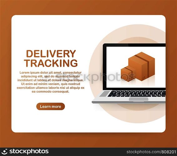 Parcel tracking website on laptop screen. Online package tracking. Modern concept. Vector stock illustration.