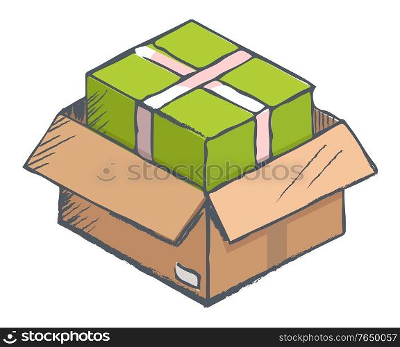 Parcel with gift inside. Isolated icon of carton box with present decorated by white ribbon stripe. Holidays celebration and greeting with occasion. Shopping for birthday or anniversary vector. Carton Box, Parcel with Present and Ribbon Stripe
