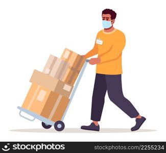 Parcels distribution during lockdown semi flat RGB color vector illustration. Preventative measures for covid. Male shipper with cart wearing mask isolated cartoon character on white background. Parcels distribution during lockdown semi flat RGB color vector illustration