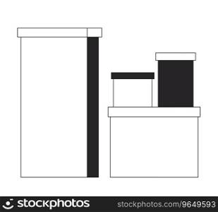 Parcels gift boxes pile black and white 2D line cartoon object. Cardboard boxes stack isolated vector outline item. Supplies storage. Relocation, moving packages monochromatic flat spot illustration. Parcels gift boxes pile black and white 2D line cartoon object