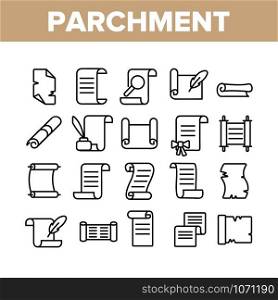Parchment Collection Elements Icons Set Vector Thin Line. Parchment And Scrolls, Education Diploma And Magic Paper With Feather Concept Linear Pictograms. Monochrome Contour Illustrations. Parchment Collection Elements Icons Set Vector