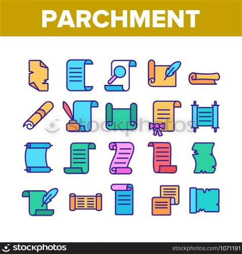 Parchment Collection Elements Icons Set Vector Thin Line. Parchment And Scrolls, Education Diploma And Magic Paper With Feather Concept Linear Pictograms. Color Illustrations. Parchment Collection Elements Icons Set Vector