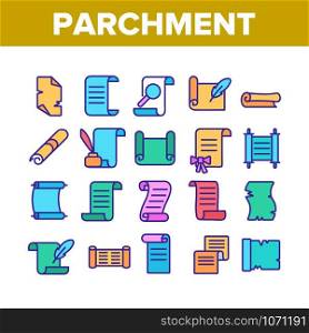 Parchment Collection Elements Icons Set Vector Thin Line. Parchment And Scrolls, Education Diploma And Magic Paper With Feather Concept Linear Pictograms. Color Illustrations. Parchment Collection Elements Icons Set Vector