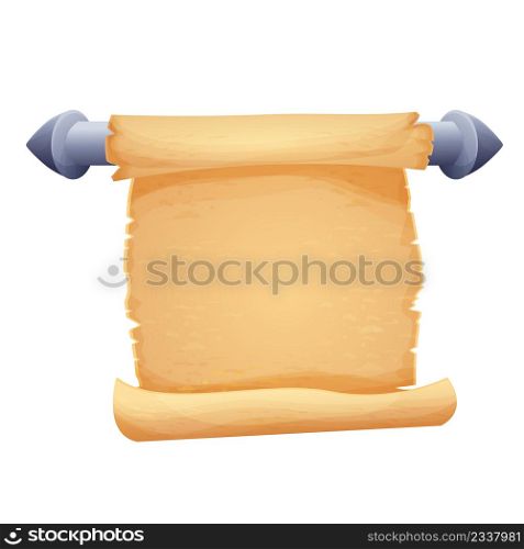 Parchment scroll on stick in cartoon style isolated on white background. Game asset, design element. Ancient, medieval paper. Vector illustration