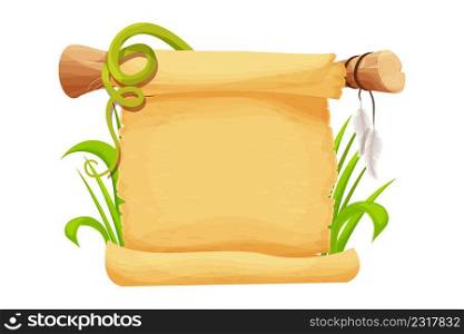 Parchment scroll with feather on wooden stick and grass in cartoon style isolated on white background. Game asset, design element. Ancient, medieval paper. Vector illustration