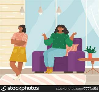 Parent adolescent conflict concept in flat design. Mother scolds daughter teeneger at home. Problem of upbringing kids. Family conflict, naughty rough daughter. Mom talks to disobedient girl. Parent adolescent conflict concept in flat design. Mother scolds daughter teeneger sitting at home