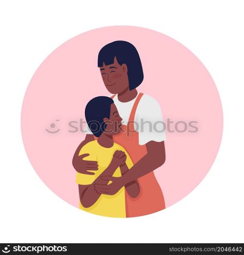 Parent and child bonding 2D vector isolated illustration. Smiling mother hugging teen son flat characters on cartoon background. Showing affection and support importance colourful scene. Parent and child bonding 2D vector isolated illustration