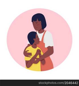 Parent and child bonding 2D vector isolated illustration. Smiling mother hugging teen son flat characters on cartoon background. Showing affection and support importance colourful scene. Parent and child bonding 2D vector isolated illustration