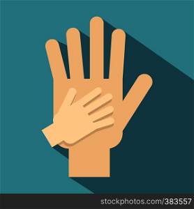 Parent and child hands together icon. Flat illustration of parent and child hands vector icon for web design. Parent and child hands together icon, flat style