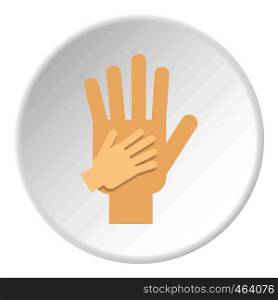 Parent and child hands together icon in flat circle isolated vector illustration for web. Parent and child hands together icon circle