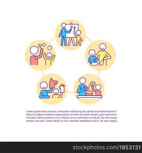 Parent and child interaction concept line icons with text. PPT page vector template with copy space. Brochure, magazine, newsletter design element. Social development linear illustrations on white. Parent and child interaction concept line icons with text