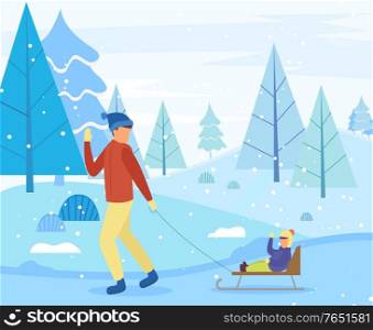 Parent and child spend time actively in winter forest. Father rides little boy on sleigh during snowfall. Fir or spruce trees covered by snow. Vector illustration of wintertime activity in flat style. Father Rides Kid on Sleigh, Snowy Winter Forest