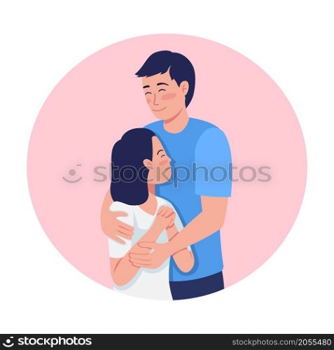 Parent and kid bonding 2D vector isolated illustration. Pleased father hugging teen daughter flat characters on cartoon background. Expressing love and support importance colourful scene. Parent and kid bonding 2D vector isolated illustration