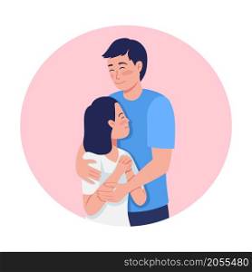 Parent and kid bonding 2D vector isolated illustration. Pleased father hugging teen daughter flat characters on cartoon background. Expressing love and support importance colourful scene. Parent and kid bonding 2D vector isolated illustration