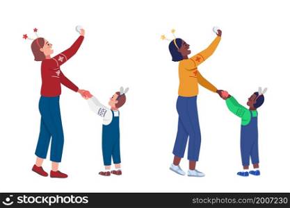 Parent and kid festive decorating semi flat color vector characters. Standing figures. Full body people on white. Winter isolated modern cartoon style illustration for graphic design and animation. Parent and kid festive decorating semi flat color vector characters