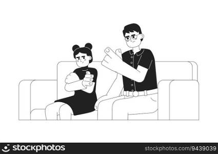 Parent anger to kid monochromatic flat vector characters. Strict asian father wagging finger to daughter. Editable thin line people on white. Simple bw cartoon spot image for web graphic design. Parent anger to kid monochromatic flat vector characters