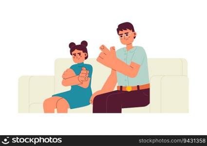 Parent anger to kid semi flat color vector characters. Strict asian father wagging finger to daughter. Editable half body people on white. Simple cartoon spot illustration for web graphic design. Parent anger to kid semi flat color vector characters
