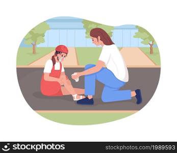Parent help with injury 2D vector isolated illustration. Aid with wound on knee. Distressed mother and daughter flat characters on cartoon background. Accident from riding bike colourful scene. Parent help with injury 2D vector isolated illustration