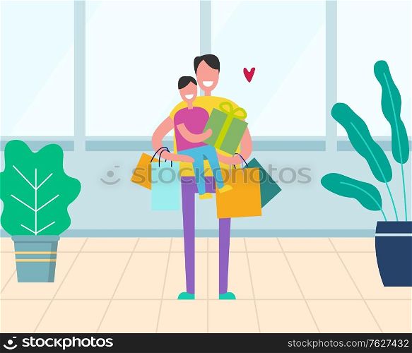 Parent holding child and packages, smiling family in supermarket. Father standing with purchase and son or daughter, happy person with gift box vector. Modern office with big windows. Father and Child in Supermarket, Shopping Vector