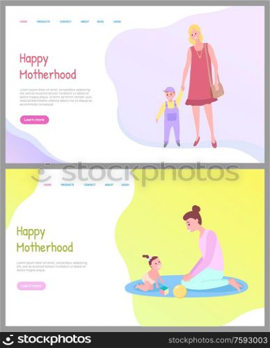 Parent holding child, family in casual clothes going together, mom and daughter playing with toys on mat, crawling child, caring motherhood vector. Website or webpage template, landing page flat style. Family Together, Mom and Kid, Motherhood Vector