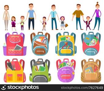 Parent holding child, mother and father with daughter and son. To school with parents, backpack with pencil and notebook, scissors and paints, education vector. Back to school concept. Flat cartoon. School Bag, Parent with Child, Backpack Vector