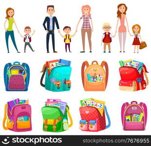 Parent holding child, mother and father with daughter and son. To school with parents, backpack with pencil and notebook, scissors and paints, education vector. Back to school concept. Flat cartoon. School Bag, Parent with Child, Backpack Vector