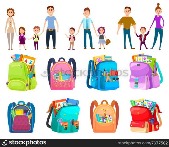 Parent holding child, mother and father with daughter and son. To school with parents, backpack with pencil and notebook, scissors and paints, education vector. Back to school concept. Flat cartoon. School Bag, Parent with Child, Backpack Vector