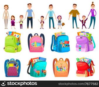 Parent holding child, mother and father with daughter and son. To school with parents, backpack with pencil and notebook, scissors and paints, education vector. Back to school concept. Flat cartoon. School Bag, Parent with Child, Backpack Vector