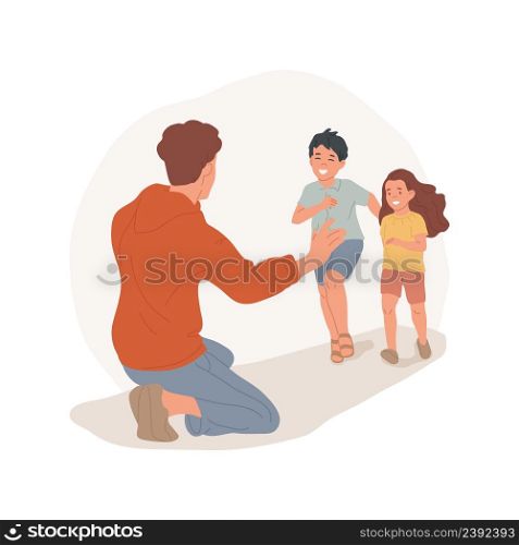 Parent meeting after divorce isolated cartoon vector illustration. Father with open arms, child running to him, meeting divorced parent, split family, dad smiling and hugging vector cartoon.. Parent meeting after divorce isolated cartoon vector illustration.