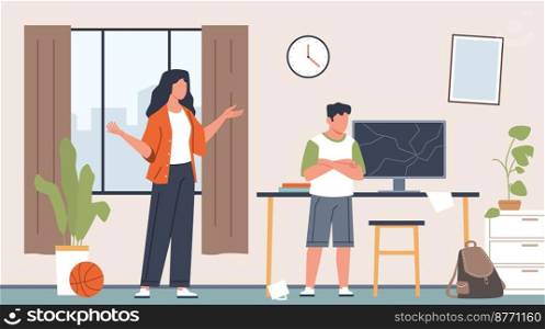 Parent quarrel with kid. Mother figuring relationship with naughty son, family scandal, unhappy child in conflict, argue stress people, bad behavior, nowaday vector cartoon flat style isolated concept. Parent quarrel with kid. Mother figuring relationship with naughty son, family scandal, unhappy child in conflict, argue stress people, bad behavior, nowaday vector cartoon flat concept