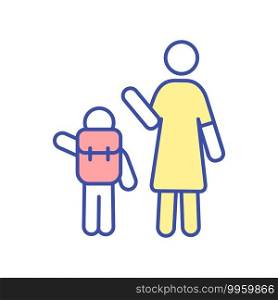 Parent seeing off child to school RGB color icon. Mother send kid with backpack to preschool. Woman waving goodbye tos son. Schoolboy go to classes. Happy family. Isolated vector illustration. Parent seeing off child to school RGB color icon