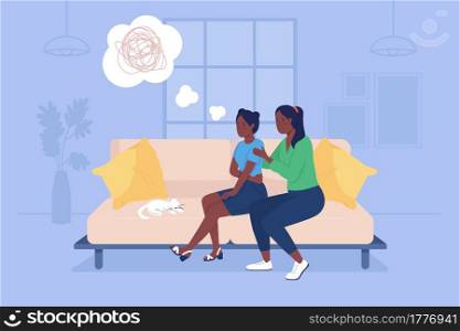 Parent support sad teenage girl 2D vector isolated illustration. Depressed child with mother sit on couch. Family at home flat characters on cartoon background. Teenager problem colourful scene. Parent support sad teenage girl 2D vector isolated illustration