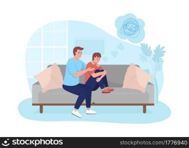 Parent support teen son 2D vector isolated illustration. Father counseling kid. Upset boy with stressed thoughts. Family flat characters on cartoon background. Teenager problem colourful scene. Parent support teen son 2D vector isolated illustration