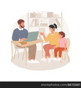 Parent-teacher interview isolated cartoon vector illustration. Parent and kid sit together at the table, discuss child academics, talking about achievement, interview at school vector cartoon.. Parent-teacher interview isolated cartoon vector illustration.