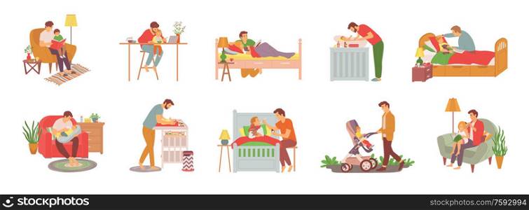 Parent with child vector, man reading book to daughter before sleep, walking kid in perambulator, feeding newborn baby and caring for offsprings set, family concept. Daddy Caring for Children, Father and Kid Set