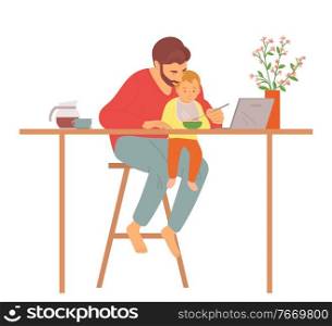 Parent with kid vector, male sitting by table with child feeding it, kiddo wearing bib, man watching film on laptop, people in kitchen father care. Father Caring for Child Daddy Feeding Kid Vector